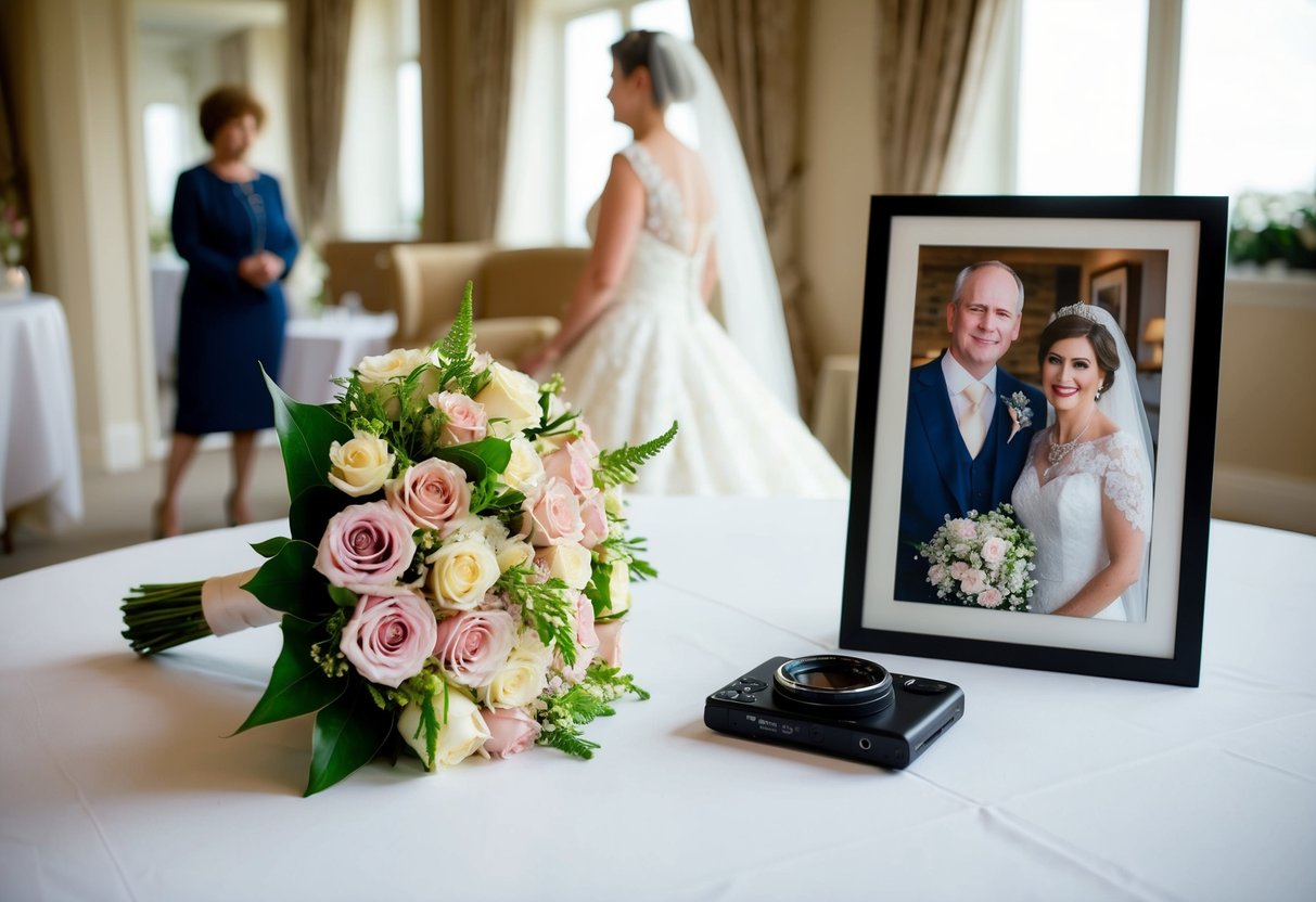 A beautiful bouquet of flowers sits on a table next to a wedding dress and a photo of the bride and her mother