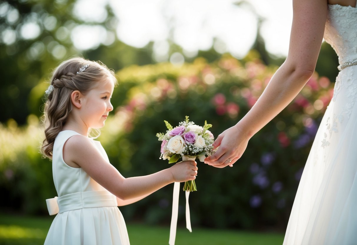 A bride hands a flower girl a small bouquet of flowers