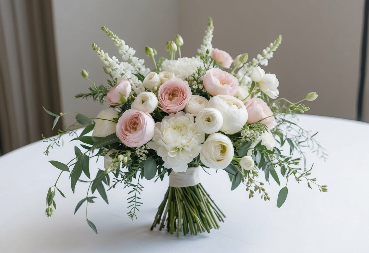 A bouquet of elegant white and blush pink flowers arranged in a delicate, cascading style, with greenery and small buds interspersed throughout