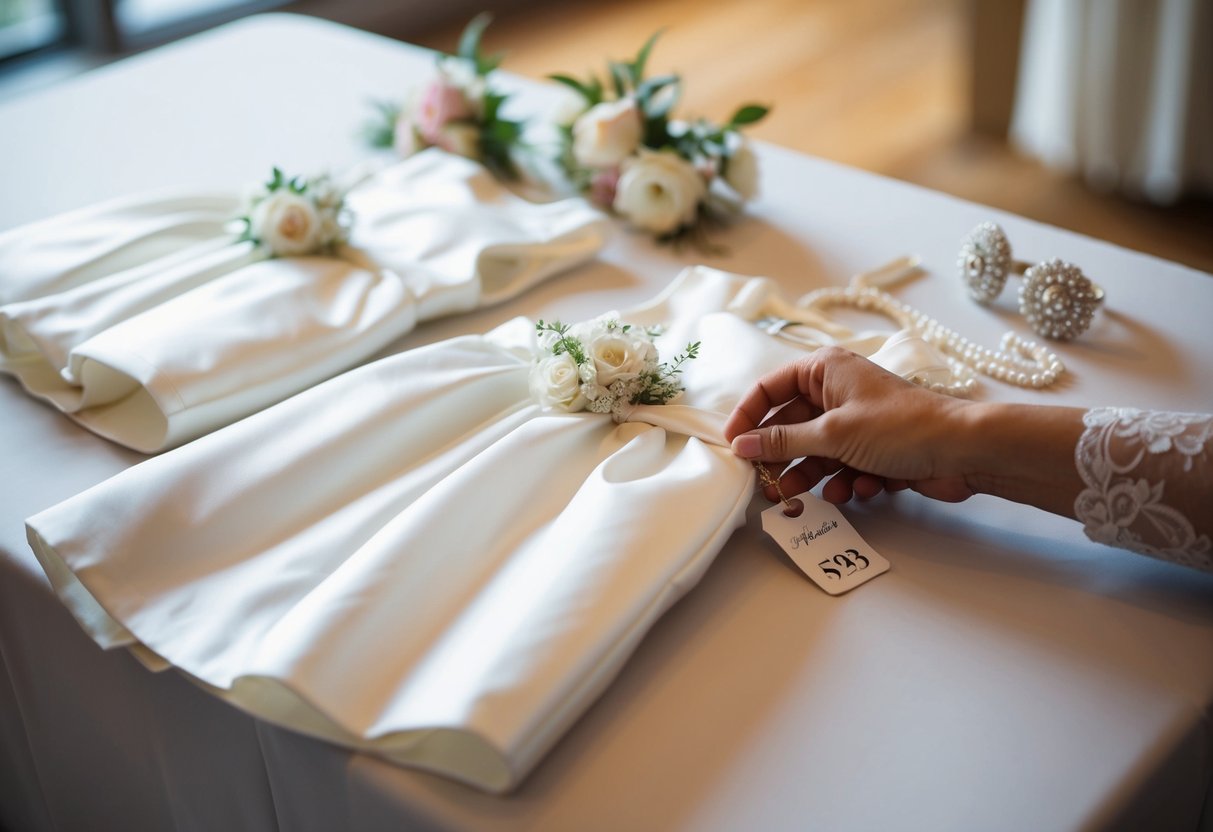 A flower girl dress and accessories laid out on a table, with a bride's hand reaching for a price tag