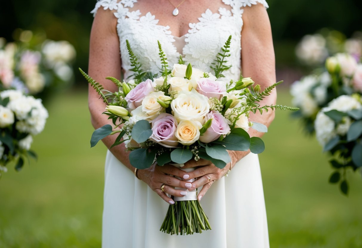 A bouquet of flowers in the same style as the wedding decor, possibly being held by the mother of the bride