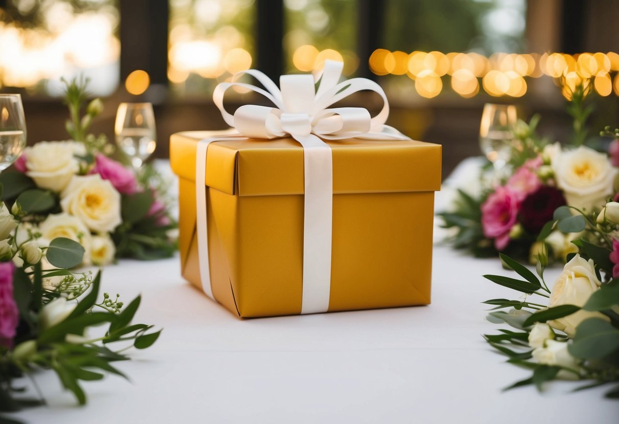 A wrapped gift box on a table, surrounded by flowers and wedding decorations