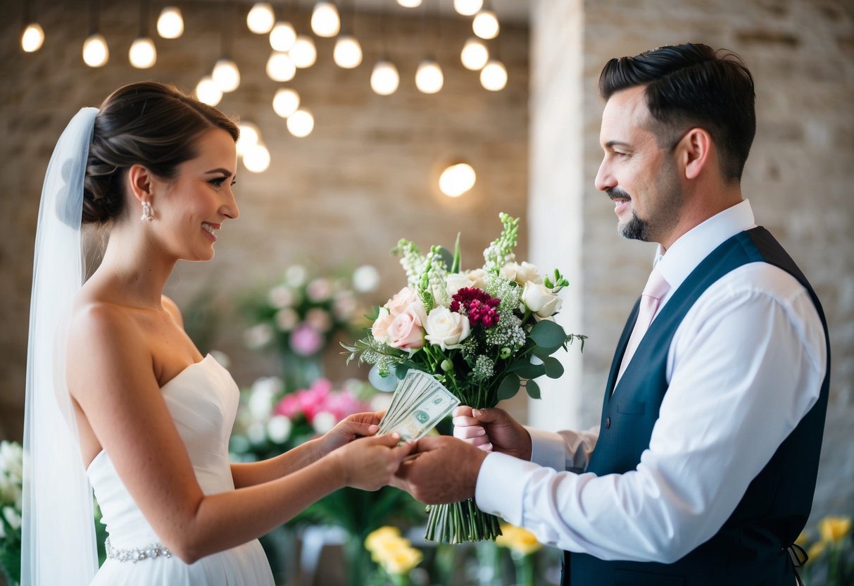 A bride handing over money to a florist for the flower girl's bouquet