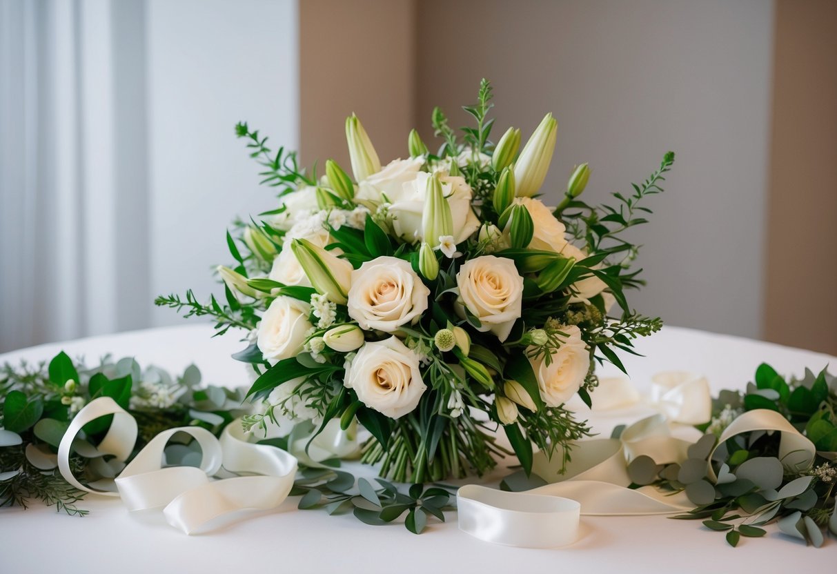 A bouquet of flowers sits on a table, surrounded by ribbons and greenery. It is elegant and vibrant, ready for the mother of the bride to hold on the big day