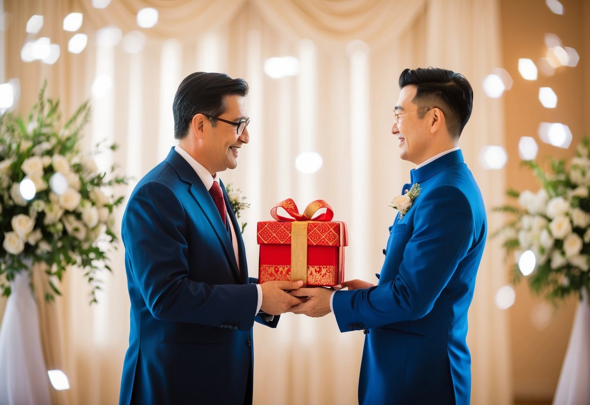 A father presents a traditional wedding gift to his son, symbolizing love and support