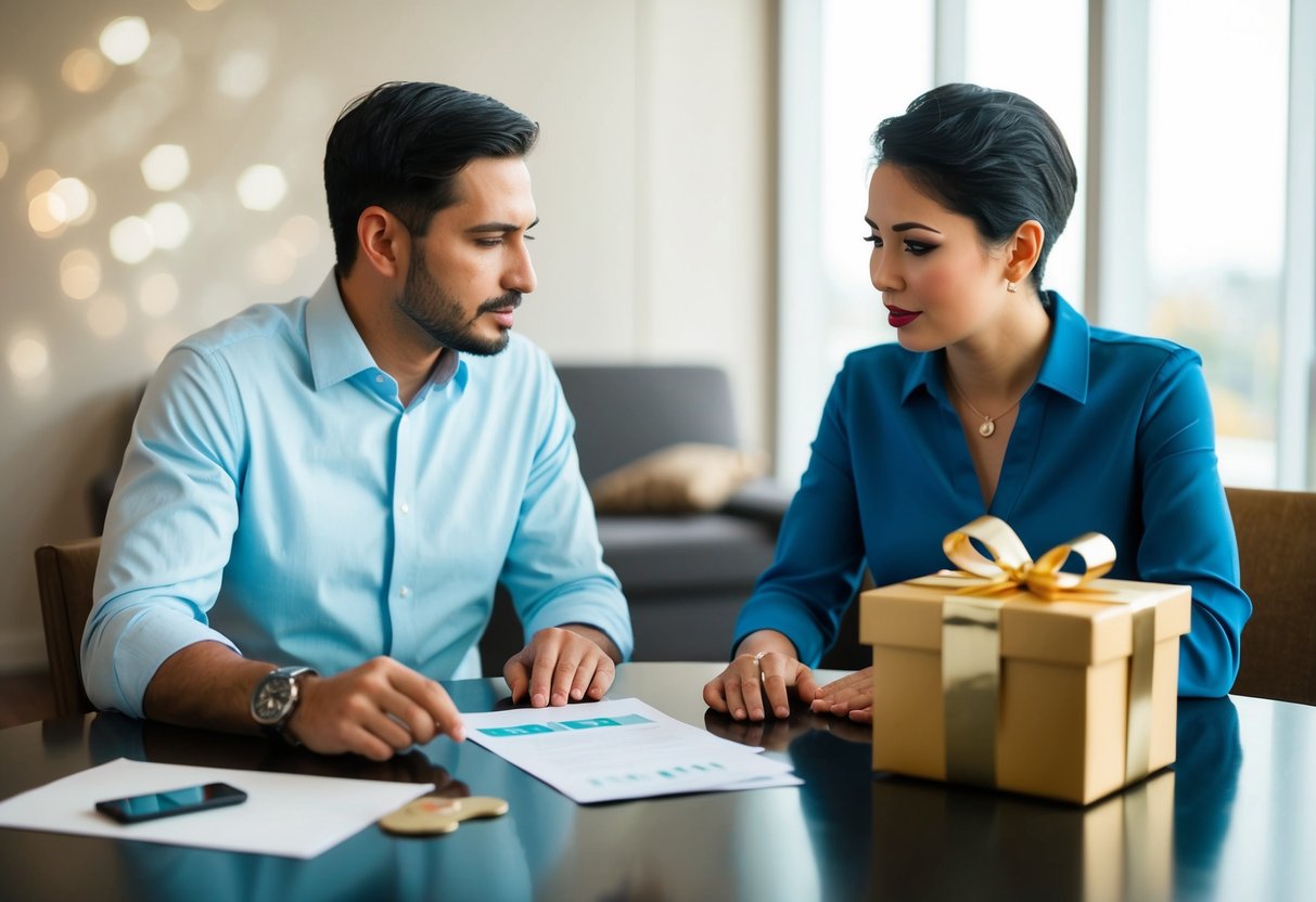 A couple sits at a table, discussing finances. A wedding invitation and a gift box are on the table. They appear to be deliberating over a decision