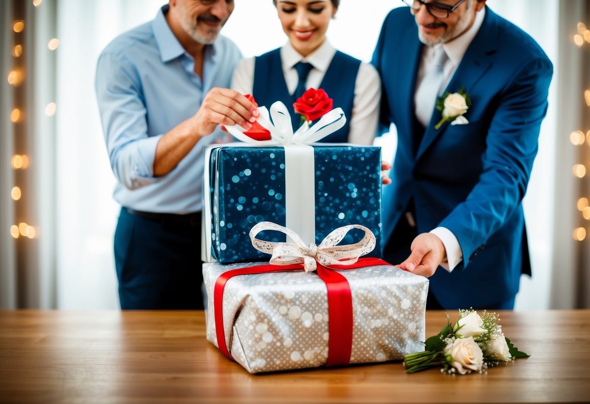 Parents present a beautifully wrapped wedding gift to their son