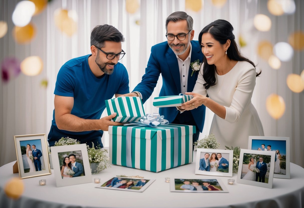 Parents presenting a wrapped gift to their son, surrounded by wedding decorations and family photos