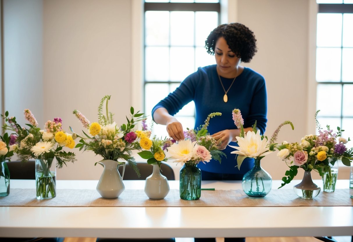 A person assembling homemade centerpieces with flowers, vases, and decorative elements on a table