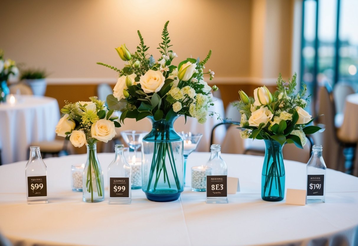 A table with DIY centerpieces: vases, flowers, and decorative elements. Beside it, pre-made centerpieces with price tags