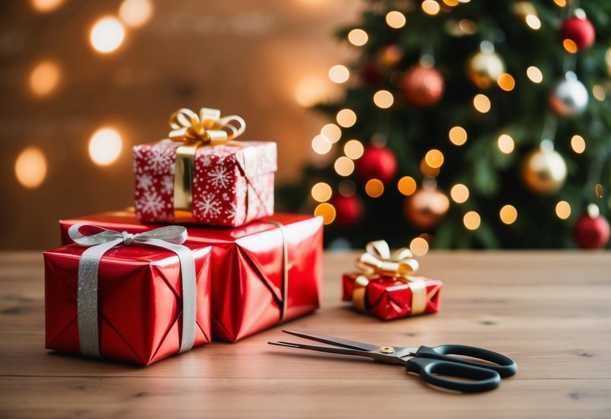 A table with wrapped gifts and a pair of scissors