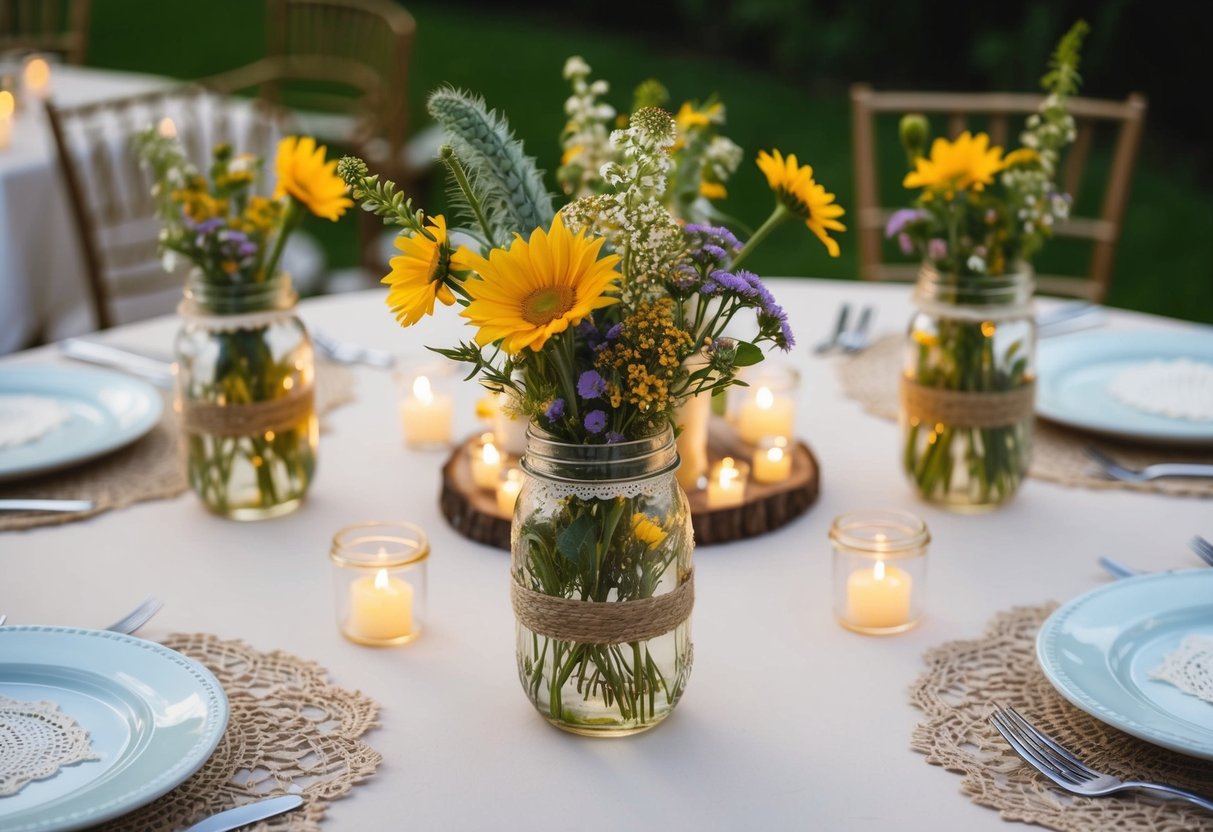 A table set with handmade centerpieces: mason jars filled with wildflowers, surrounded by flickering tea lights and delicate lace doilies