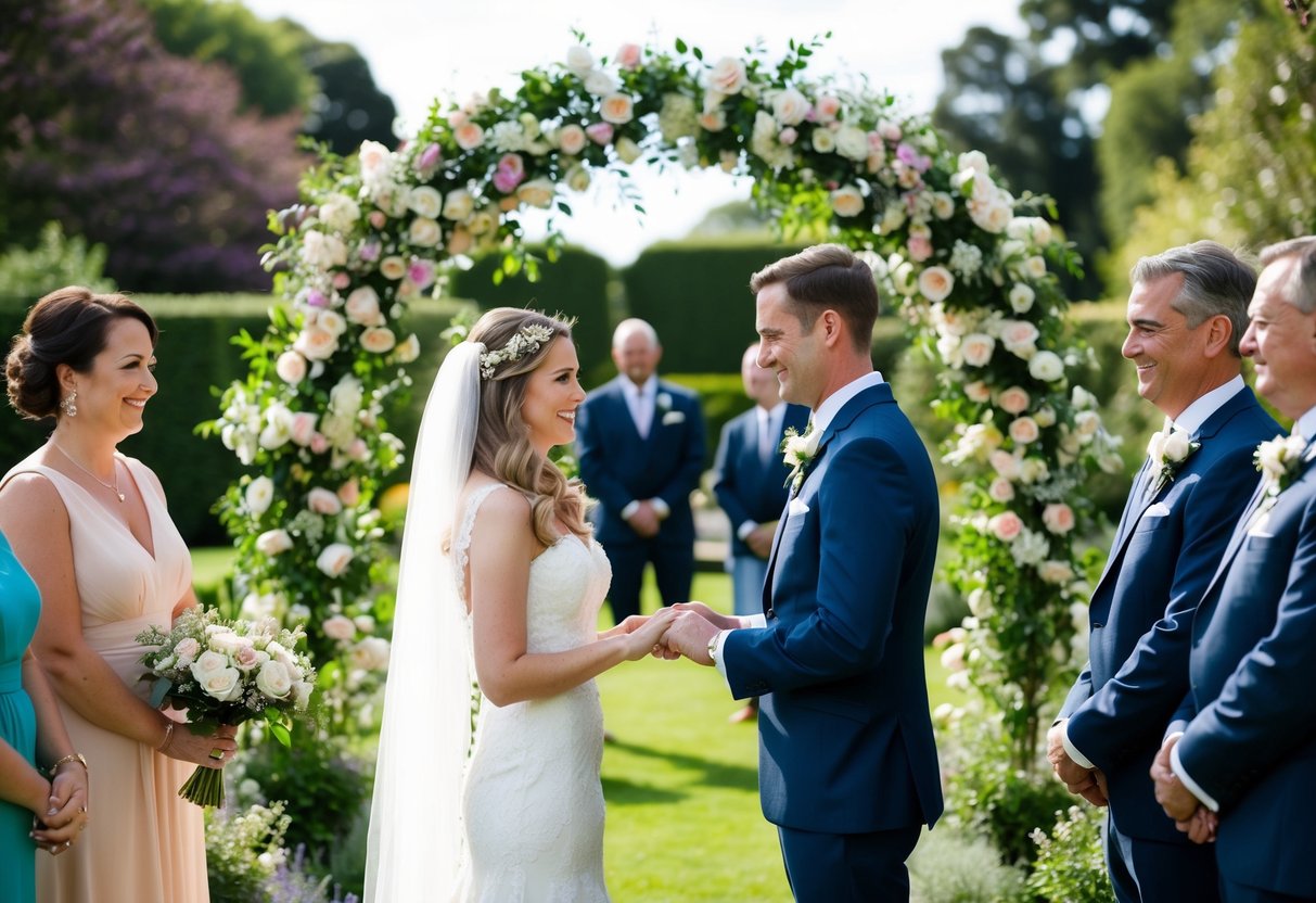 A bride and groom exchanging vows under a floral arch in a picturesque garden, surrounded by family and friends