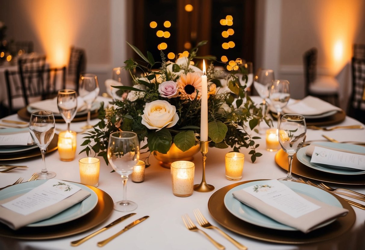 A table set with homemade centerpieces, featuring flowers, candles, and greenery, surrounded by elegant place settings and glowing with warm, romantic lighting