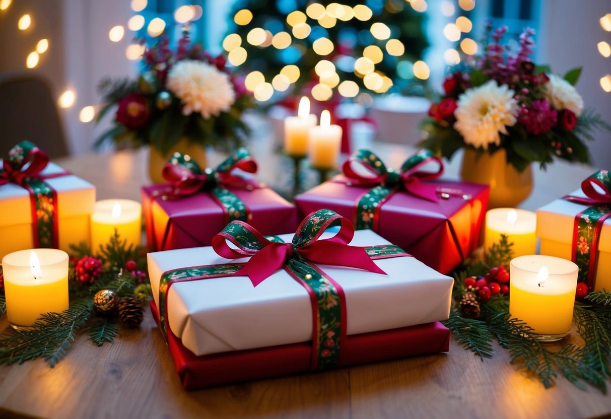A table with wrapped presents and decorative ribbons, surrounded by floral centerpieces and glowing candles