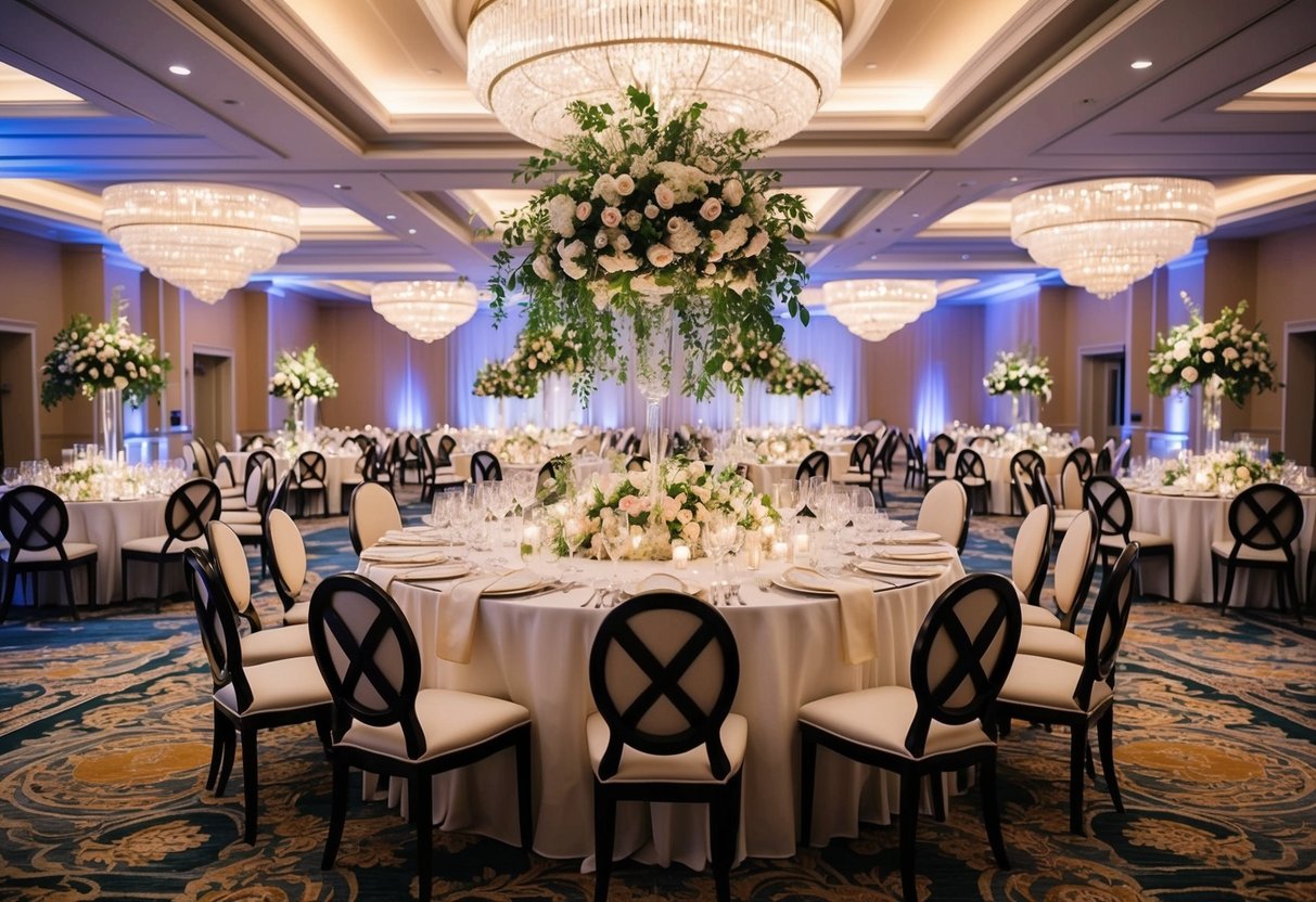 A grand wedding banquet with elegant decor and floral arrangements, surrounded by lavish venues and luxurious amenities