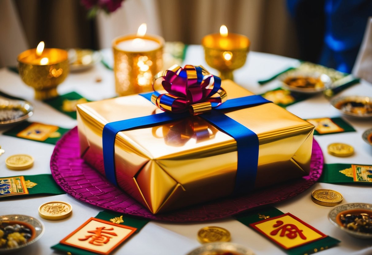 A beautifully wrapped gift sits on a table at a wedding, surrounded by symbolic decorations and traditional elements reflecting cultural perspectives and superstitions