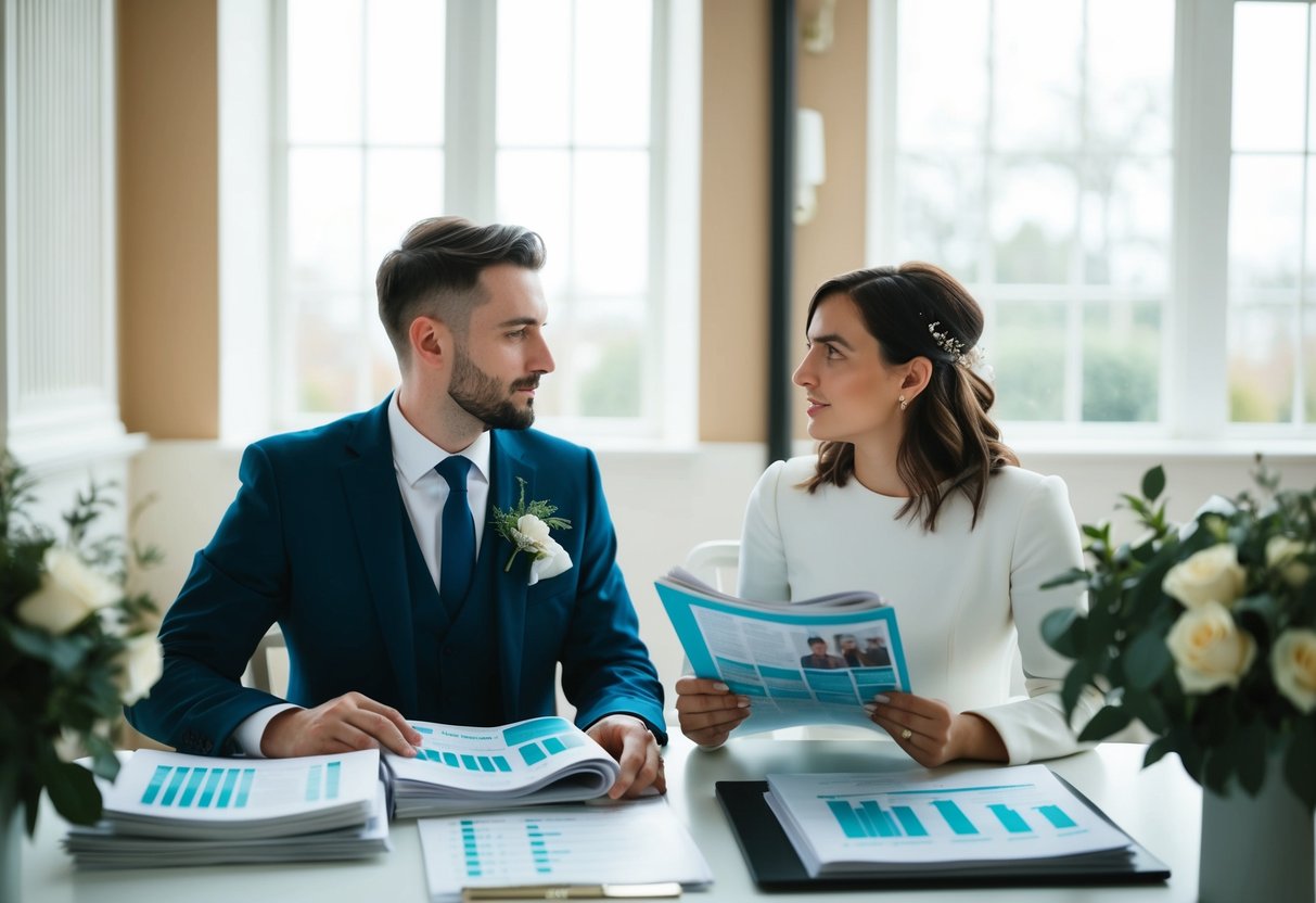 A modern couple sits at a table, surrounded by wedding magazines and budget spreadsheets. They discuss financial considerations for their upcoming wedding in the UK