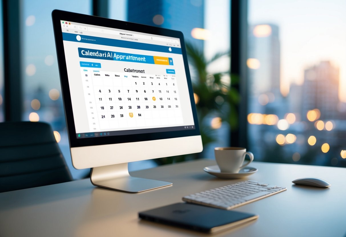 A sleek, modern office desk with a computer screen displaying the calendarpal AI appointment setter interface. A cup of coffee sits next to the keyboard