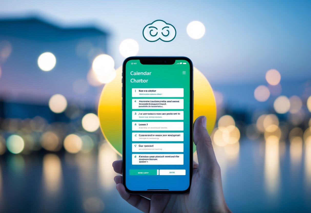 A sleek, modern calendar interface with a chatbot icon and a list of frequently asked questions displayed on the screen