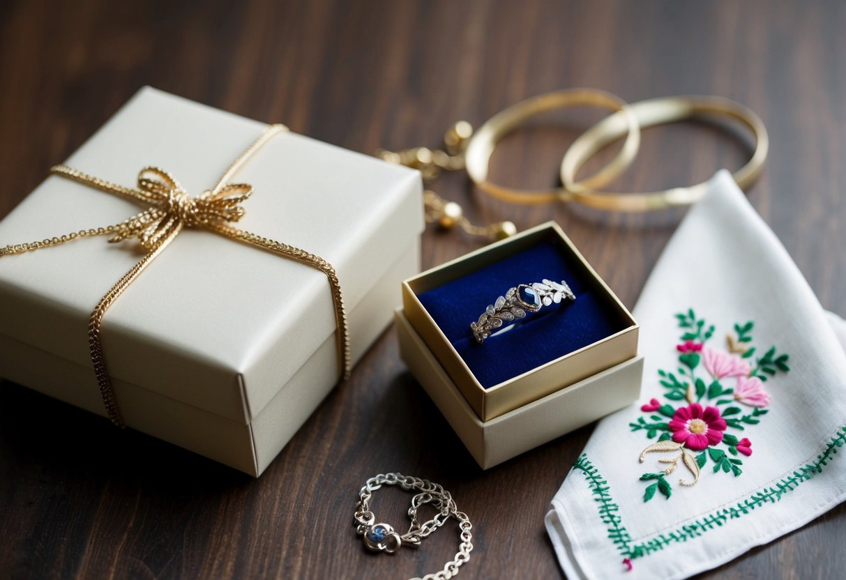 A beautifully wrapped box of heirloom jewelry and a hand-embroidered handkerchief with a heartfelt note
