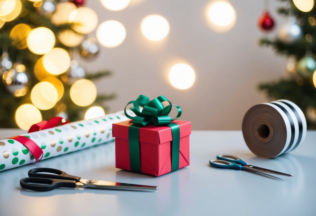 A small gift box sits on a clean, flat surface. A roll of festive wrapping paper, scissors, and a spool of ribbon are nearby