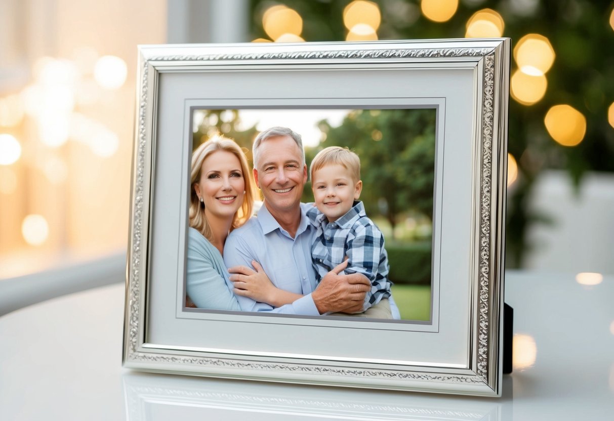 A delicate silver photo frame holding a cherished family portrait is presented with a heartfelt smile