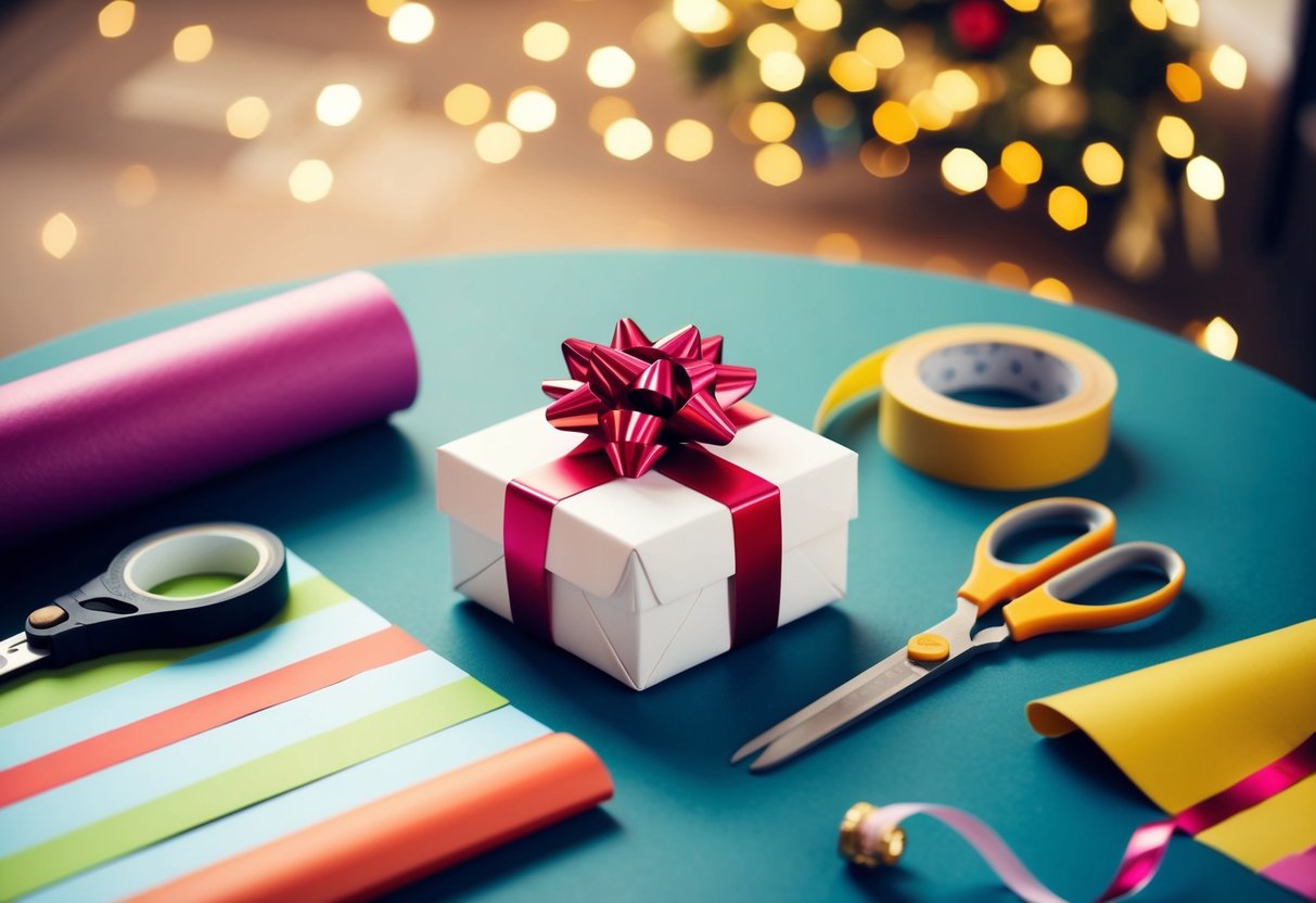 A small gift box sits on a table, surrounded by colorful wrapping paper, ribbon, and a pair of scissors. A roll of tape and a decorative bow complete the scene