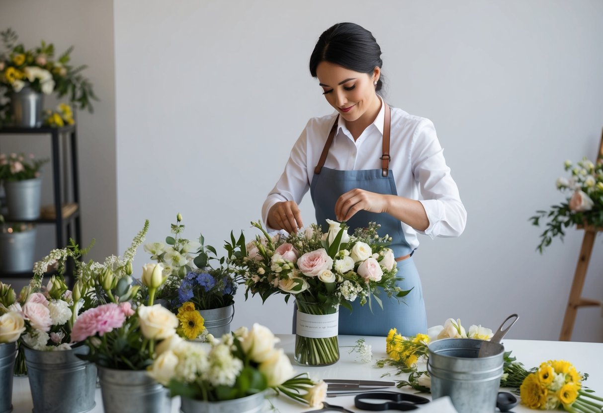 A florist arranging wedding flowers in a studio, surrounded by buckets of fresh blooms and various tools, carefully crafting a beautiful bouquet