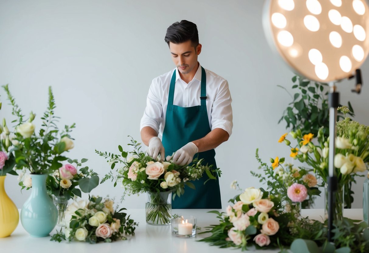 A florist arranging wedding flowers in a well-lit studio, surrounded by vases, greenery, and a variety of fresh blooms