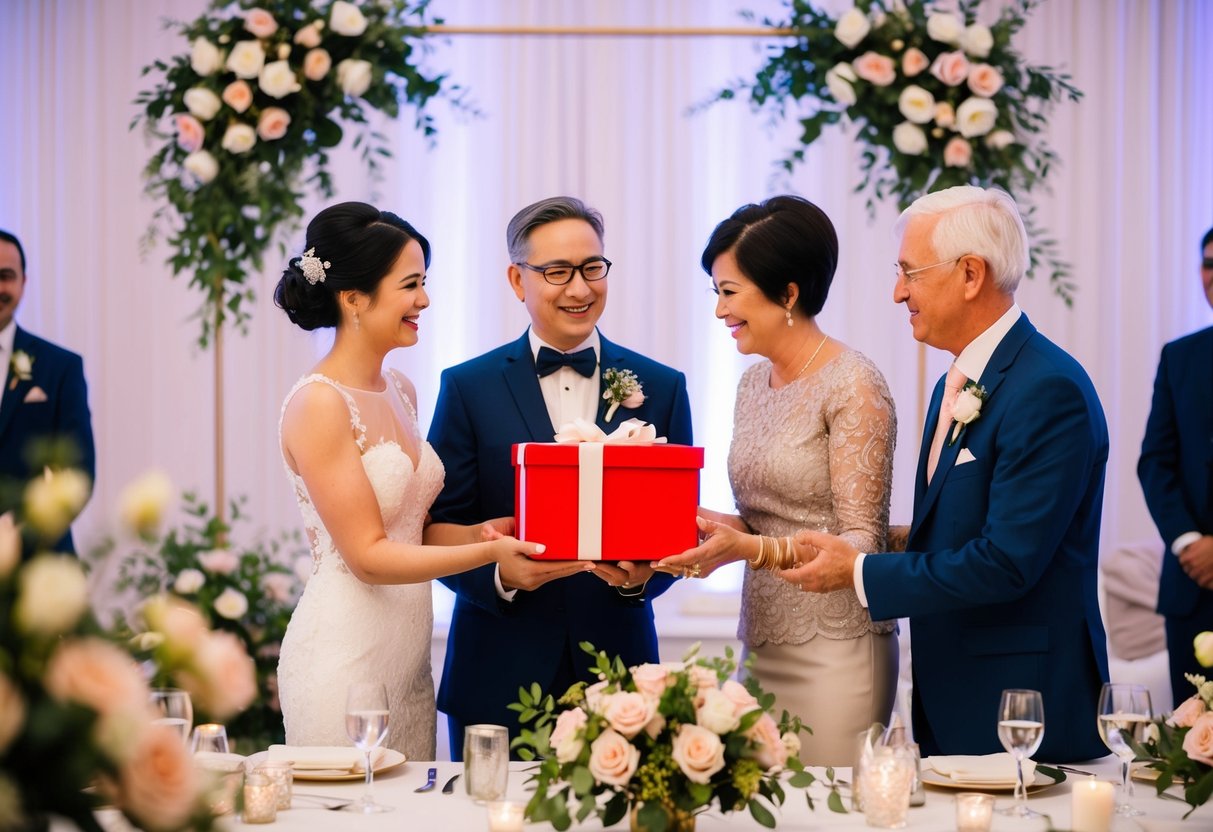 A couple presents a gift to the groom's parents, surrounded by flowers and elegant decor at the wedding reception