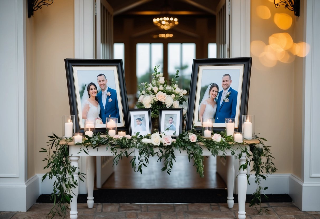 A decorative table with framed photos of the groom's parents, surrounded by flowers and candles, stands at the entrance of the wedding venue