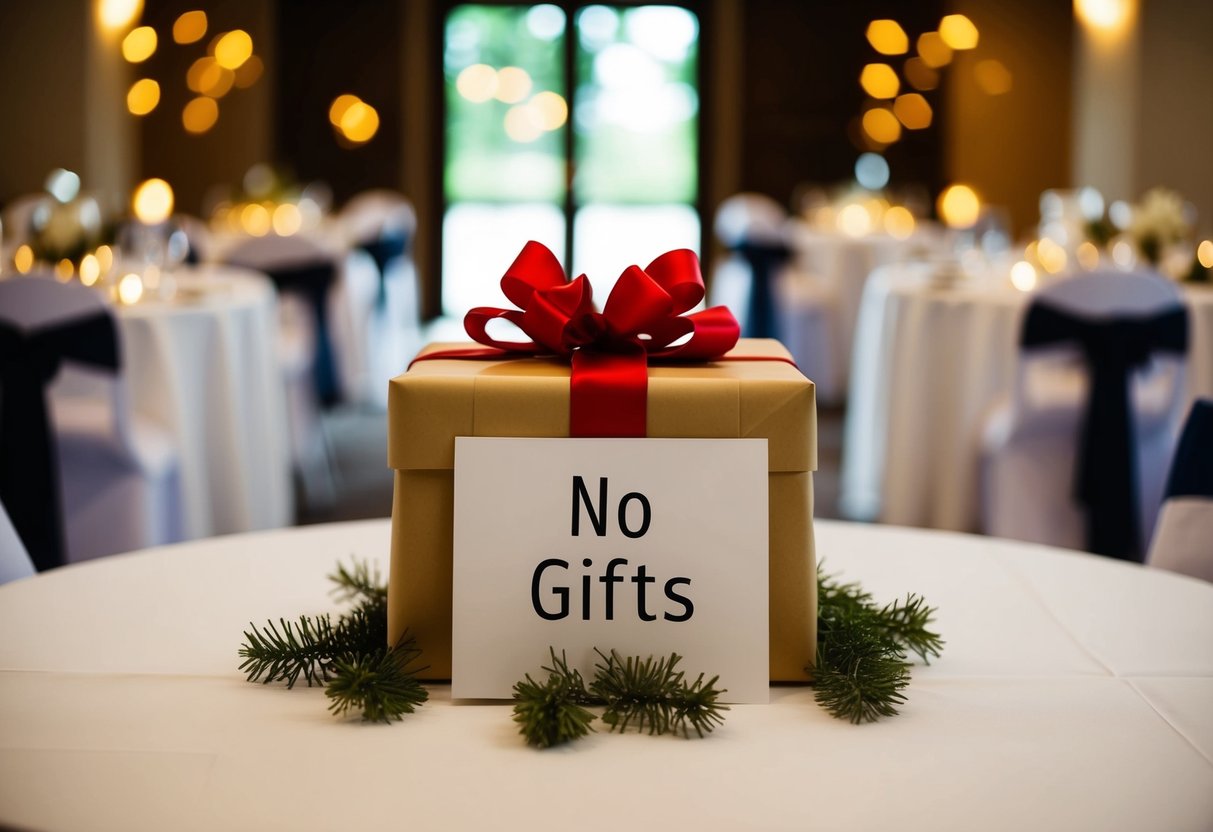 A wrapped gift sits on a table, surrounded by a sign reading "No Gifts" at a wedding venue