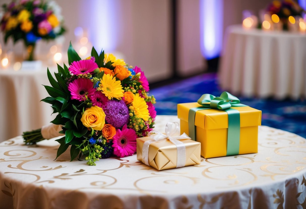 A colorful bouquet of flowers and a small wrapped present left on a beautifully decorated gift table at a wedding reception
