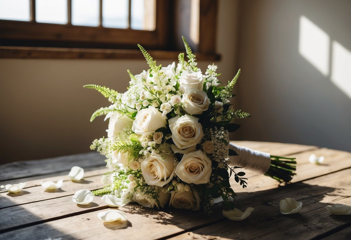 A bride's bouquet sits on a rustic wooden table, surrounded by scattered petals. Sunlight streams in through a nearby window, casting soft shadows on the delicate flowers