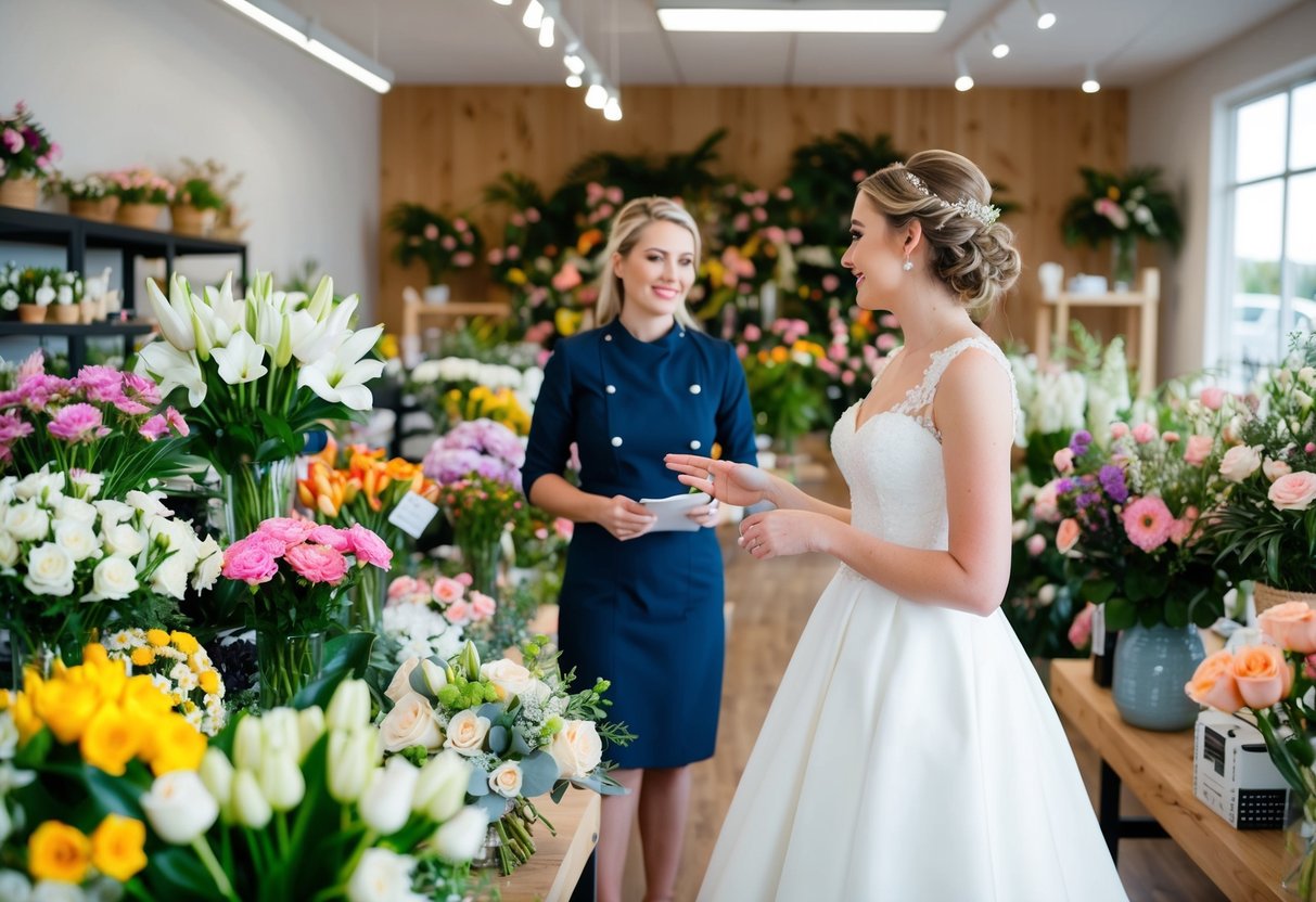 A bride standing in a floral shop surrounded by various types of flowers, discussing arrangements with a florist