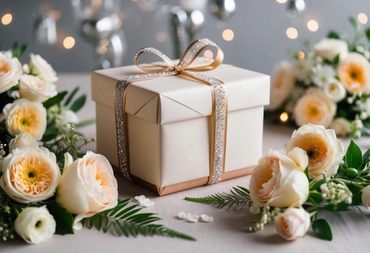 A beautifully wrapped gift box surrounded by elegant wedding decor and flowers
