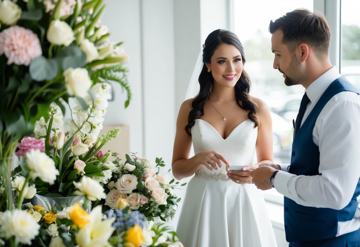 A bride and a florist discussing flower options and arrangements for a wedding. The florist showing various types of flowers and discussing pricing