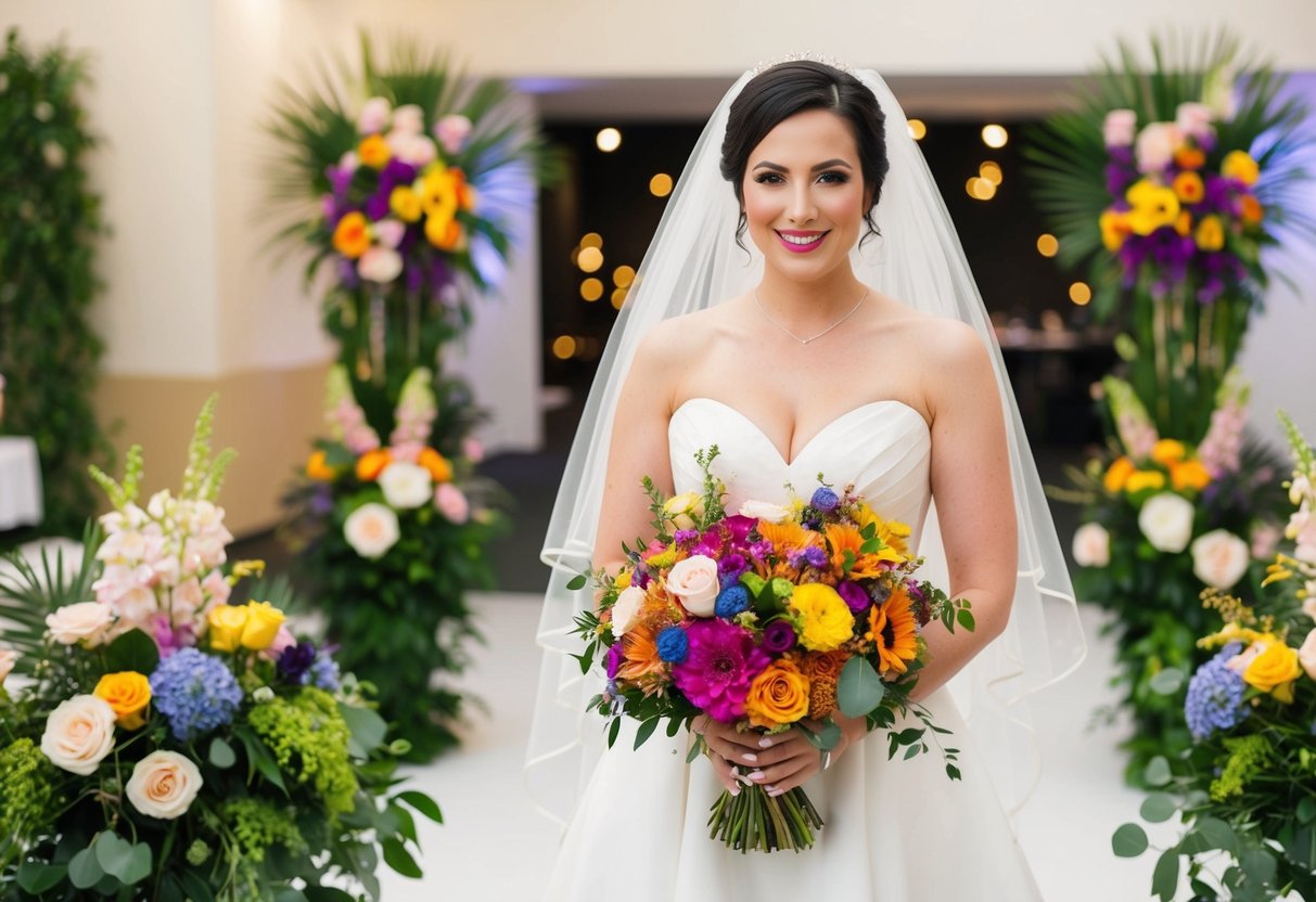 A bride holding a bouquet of colorful flowers, surrounded by floral arrangements and greenery in a wedding venue