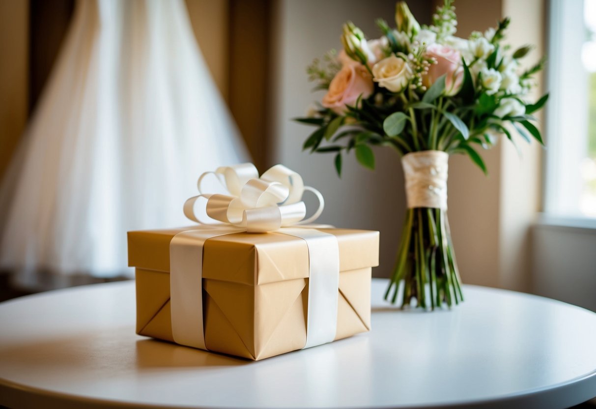 A beautifully wrapped gift box placed on a table with a wedding dress and bouquet in the background