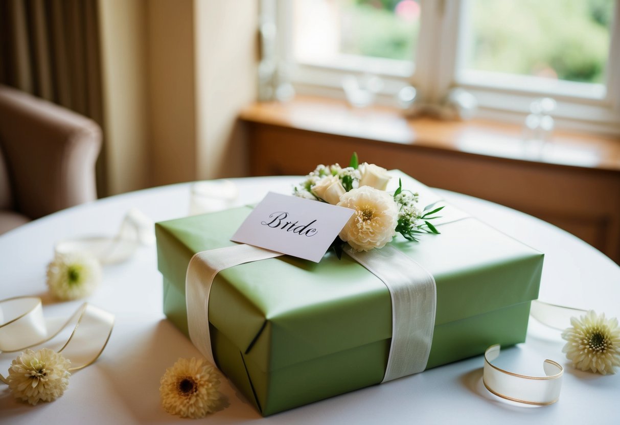 A beautifully wrapped gift box sits on a table, adorned with delicate ribbons and flowers. A card with the bride's name is tucked underneath