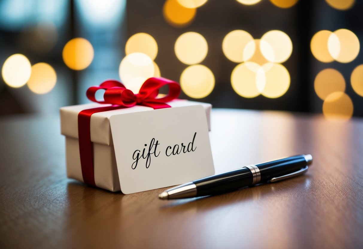 A gift card lying on a table with a pen next to it