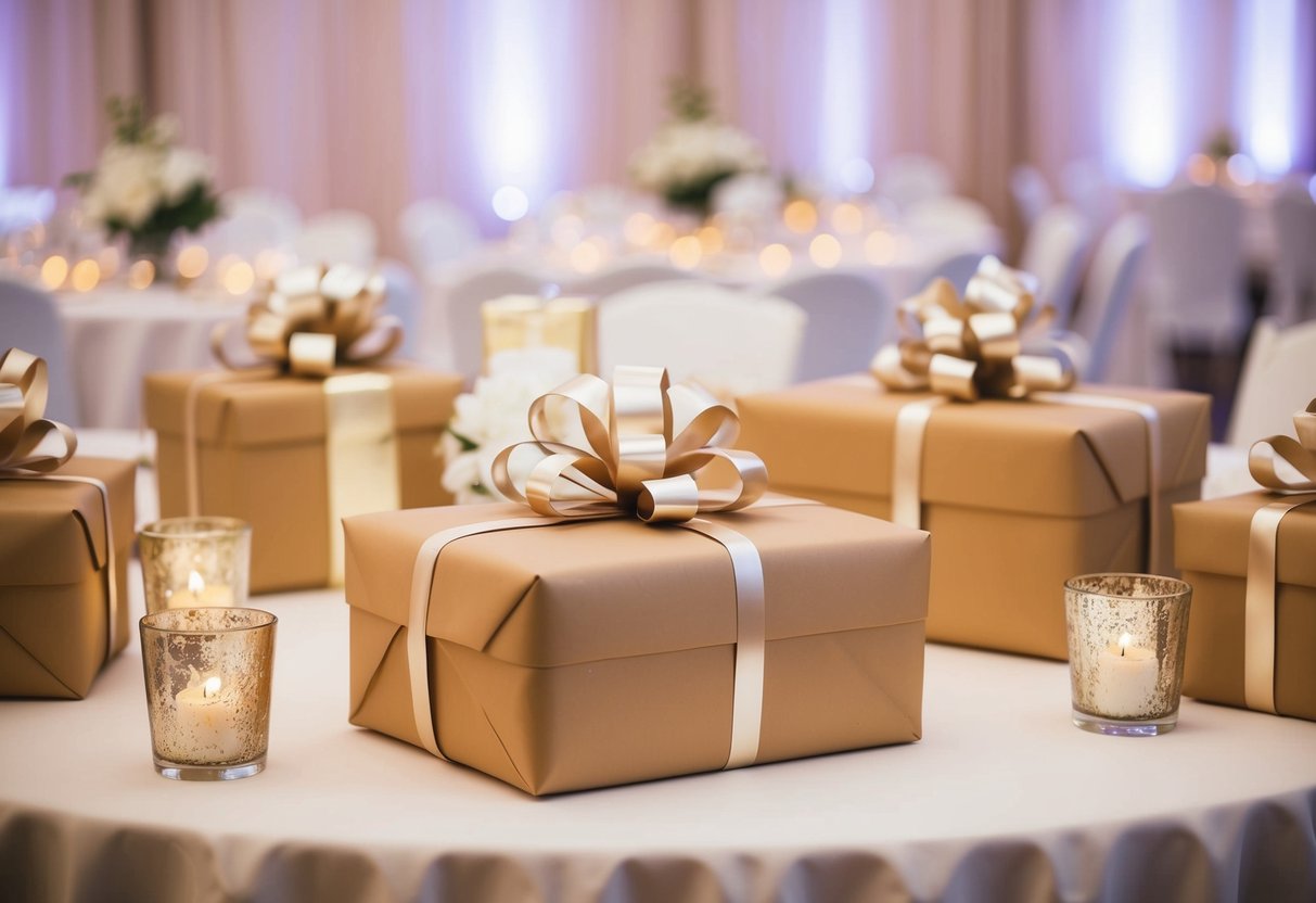 A beautifully wrapped gift sitting on a table at a wedding reception, surrounded by other presents and decorations