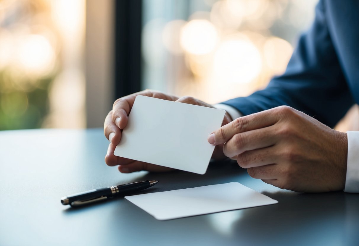 A hand placing a blank gift card on a table, with a pen next to it and a thoughtful expression on their face