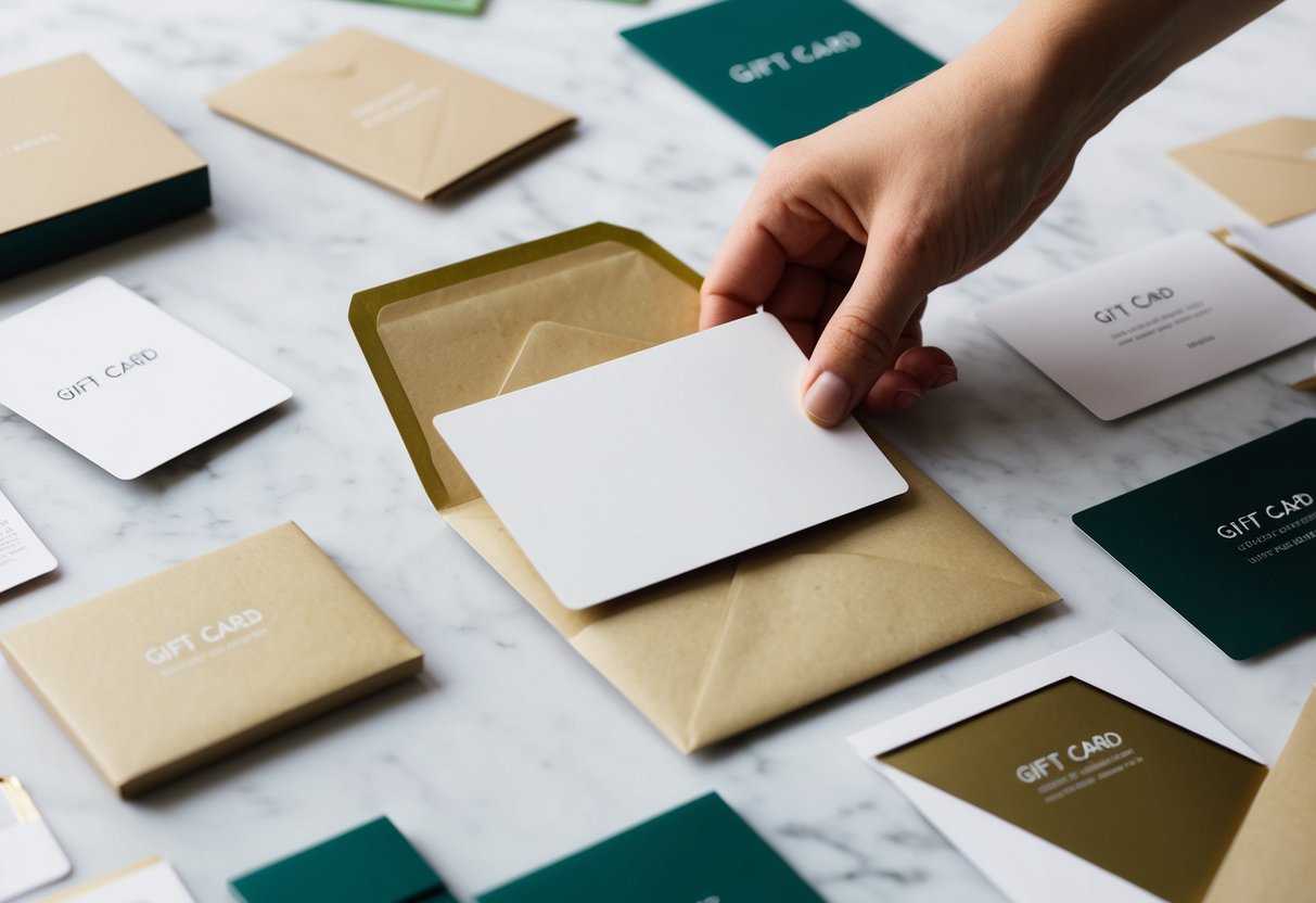 A hand placing a blank gift card into an elegant envelope, surrounded by various other gift cards and packaging materials