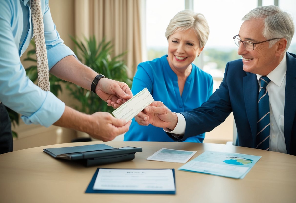 A couple's parents hand over a check to a travel agent, while discussing honeymoon plans