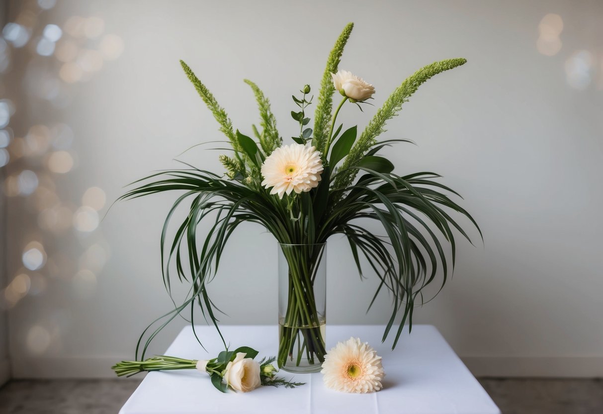 A simple bouquet arranged in a tall, clear vase with long, flowing greenery and a few large, statement flowers. A few loose blooms scattered around the base