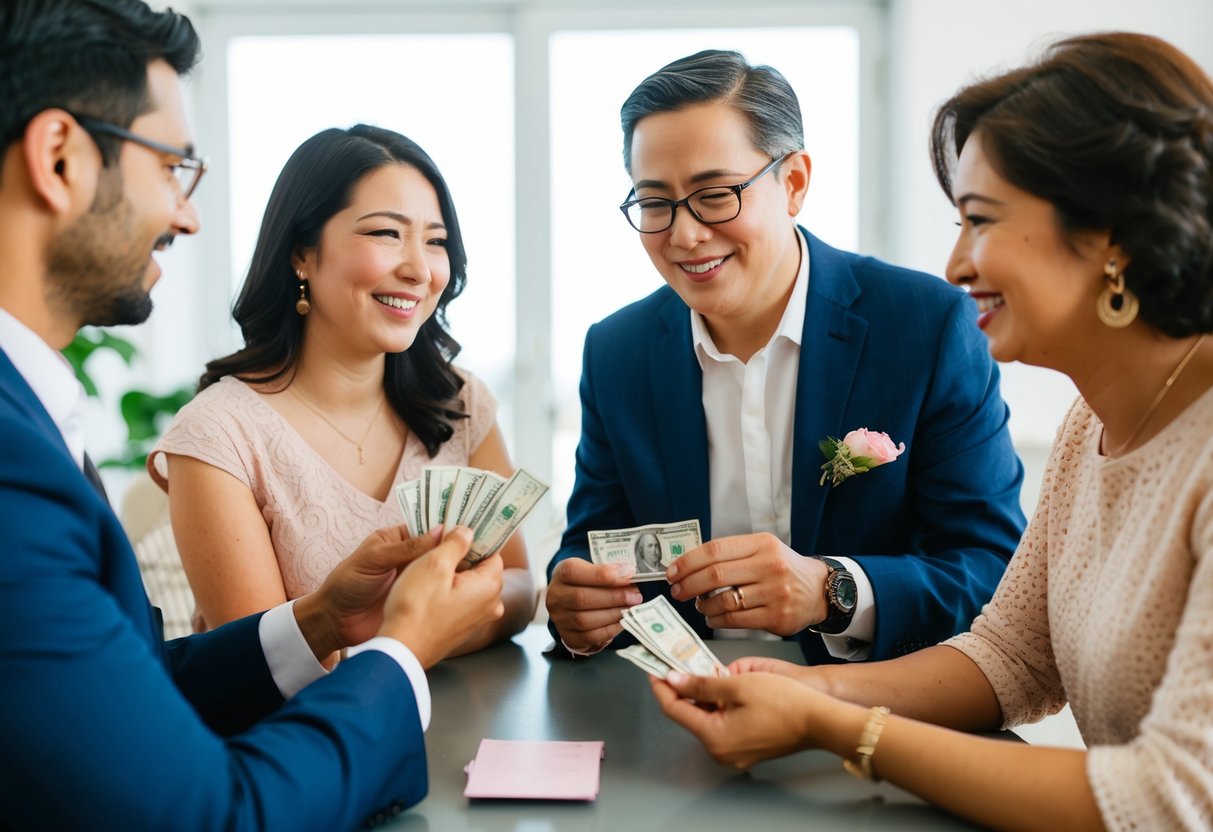 A couple's parents discussing and exchanging money for a honeymoon fund