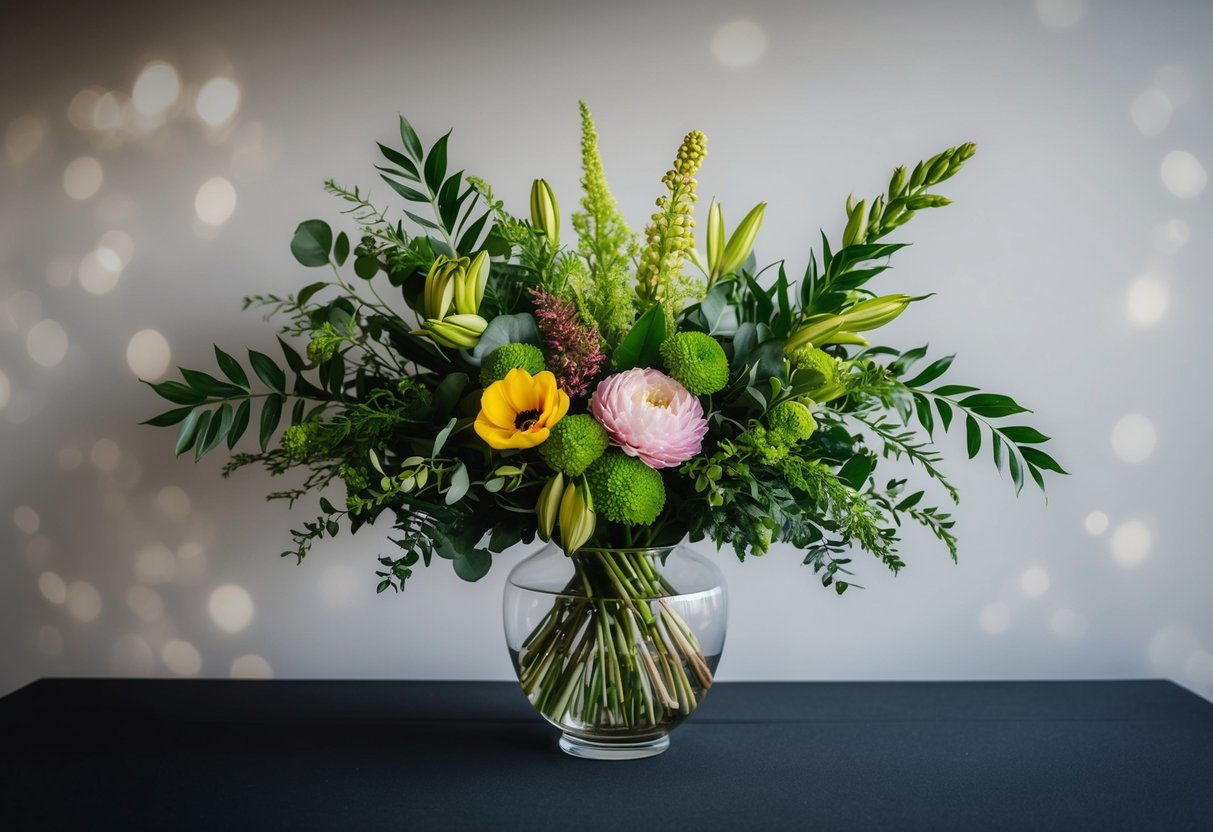 A simple glass vase holds a mix of lush greenery and vibrant, carefully arranged flowers, creating a luxurious and expensive-looking bouquet