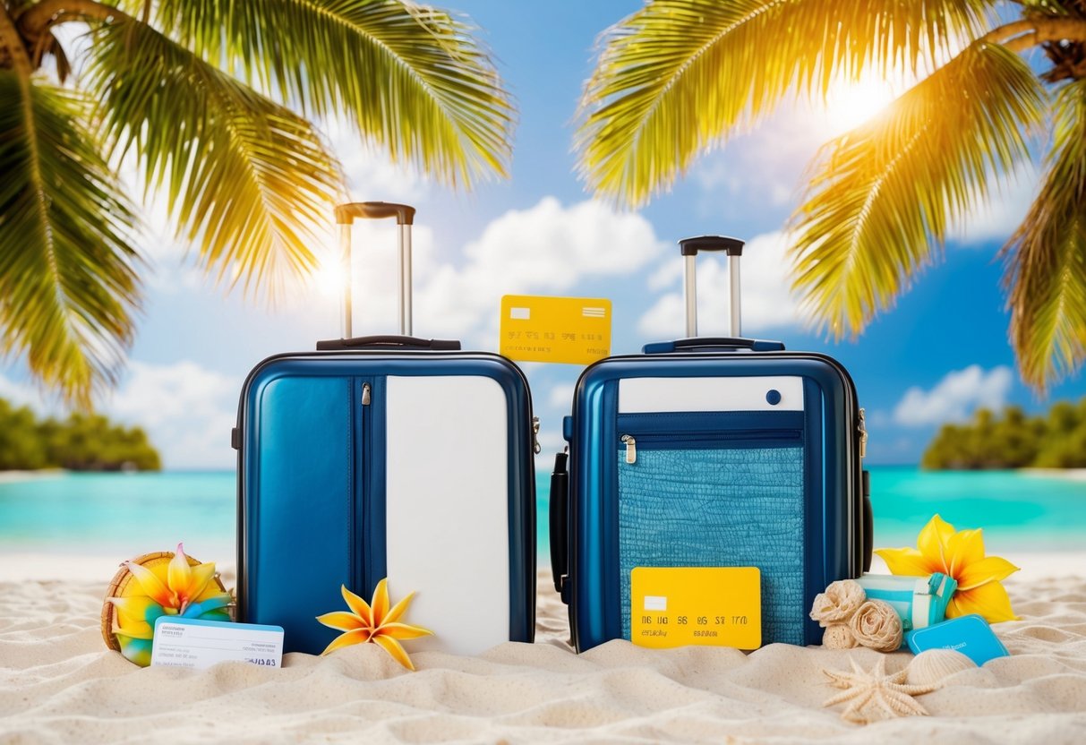 A couple's honeymoon suitcase surrounded by tropical beach and travel-themed items, with a check or credit card symbolizing payment for expenses